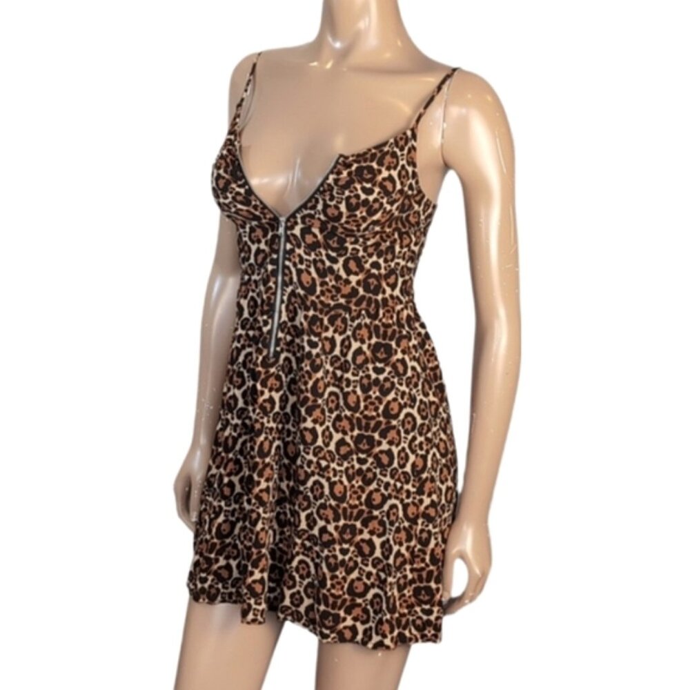 💠 H&M Divided Leopard Mini Dress Womens Size 4 Brown Zippered Sleeveless